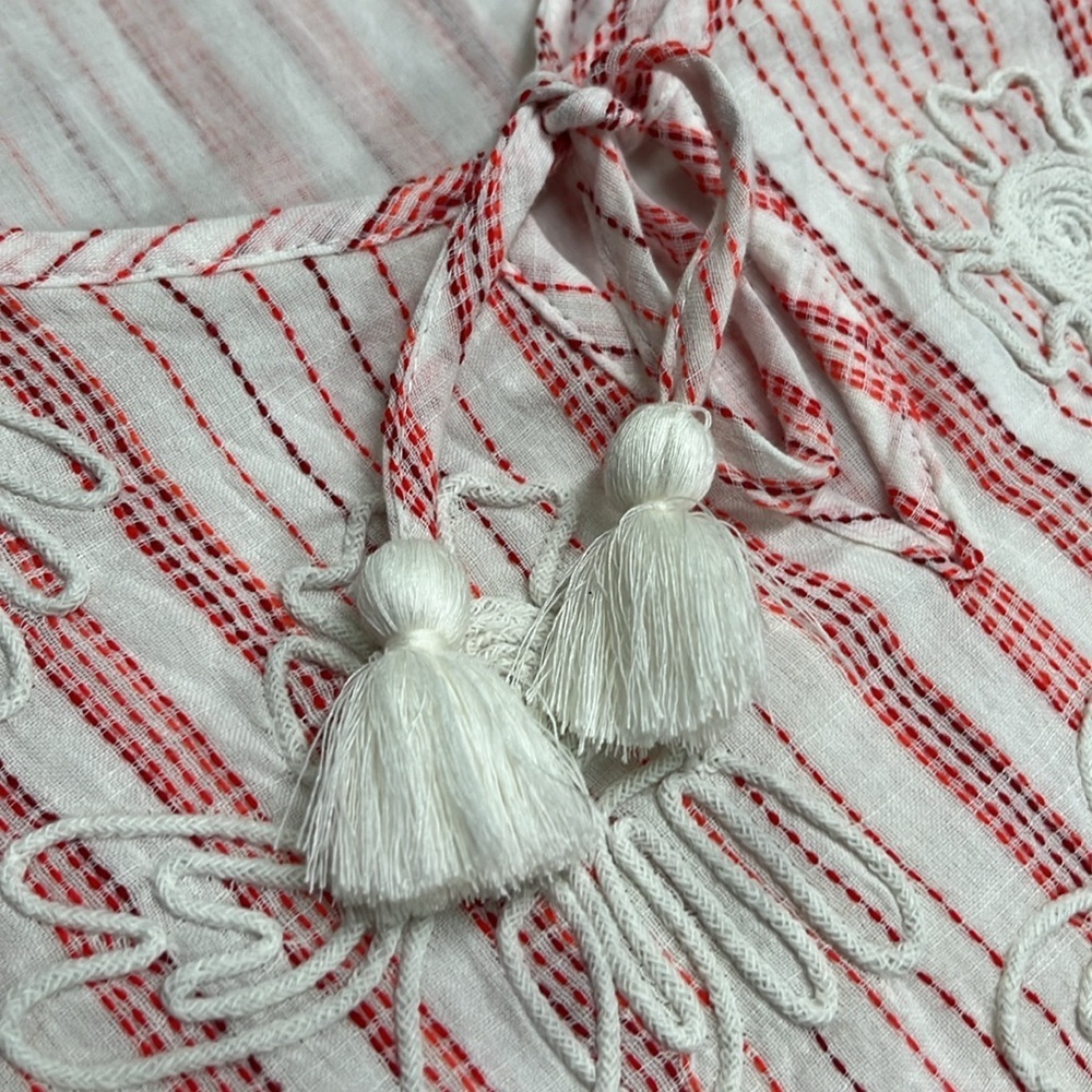 SOFT SURROUNDINGS Coastal Cottage Striped Embroidered Floral Tassel Tie Blouse M - Picture 5 of 16